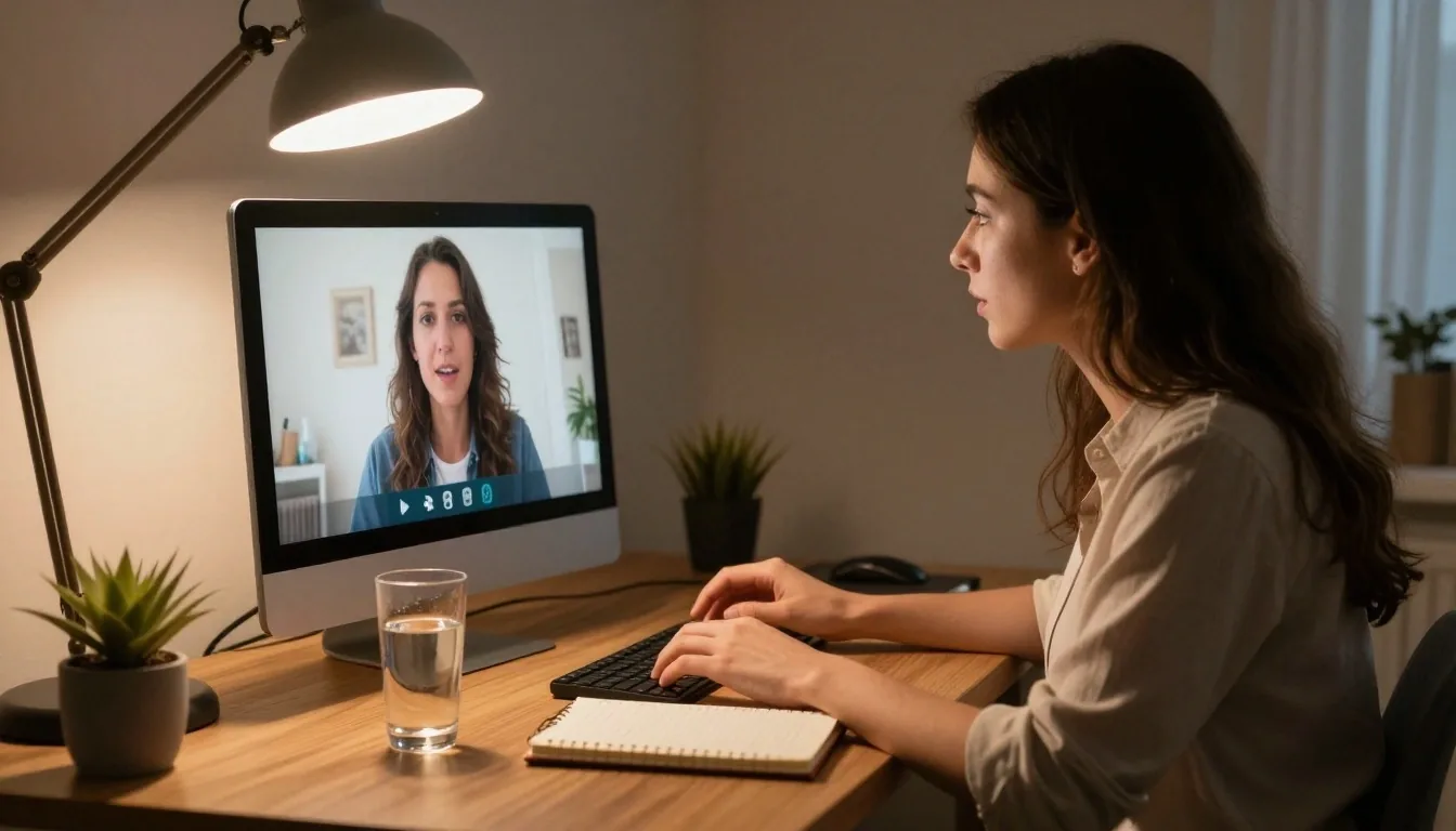 A nutritionist speaking during an online video consultation at a desk with a notebook and a glass of water