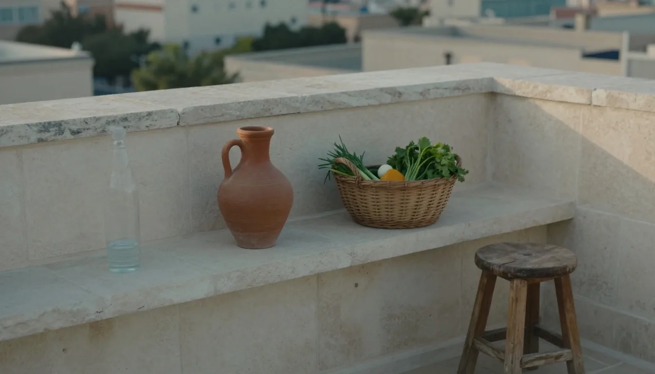 A consultation desk set up in the early morning with water, a notebook and a bowl of fresh produce