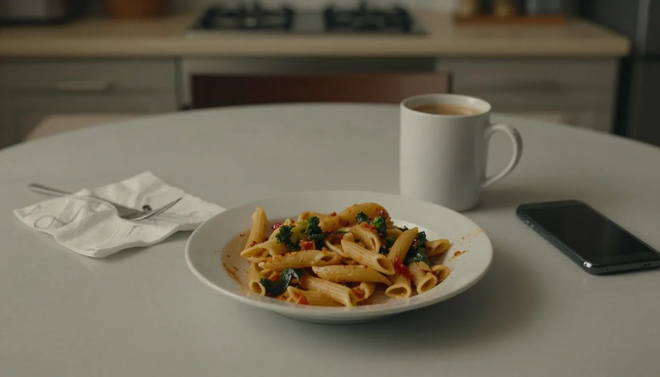 An overhead view of an ordinary weeknight kitchen table with a half-finished meal and shopping bag